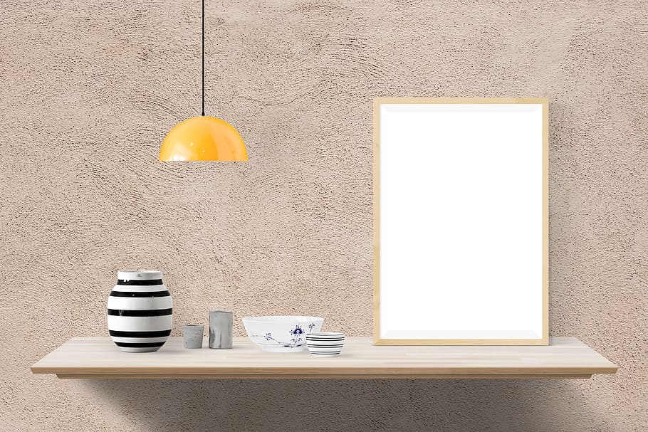 beige wooden floating shelf, poster, mockup, decor, desk, interior HD wallpaper