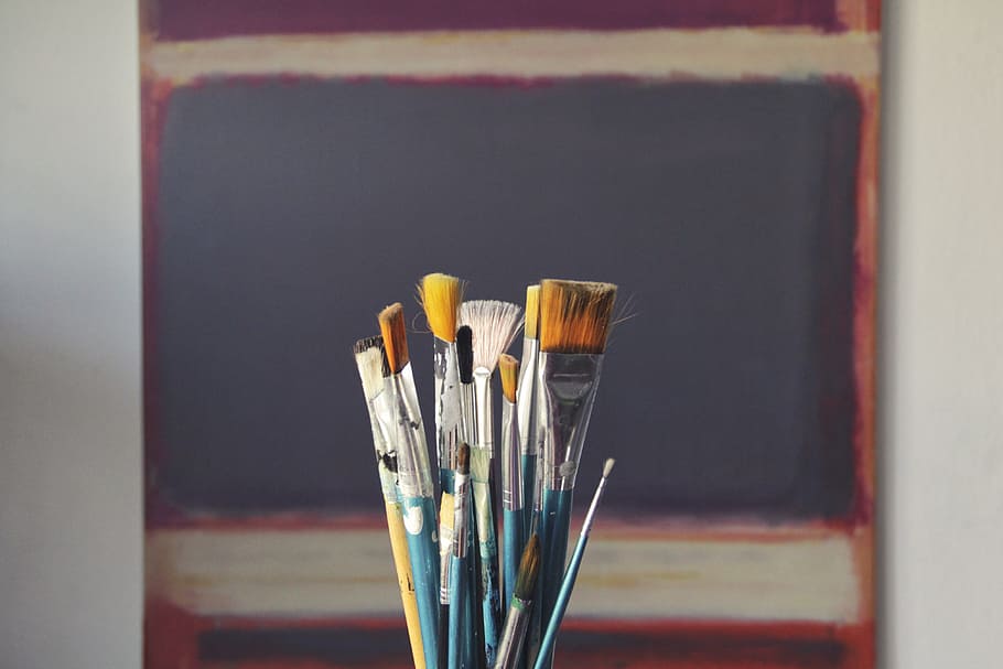 assorted paint brushes in selective focus photography, art HD wallpaper