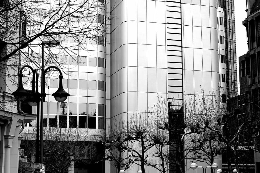grayscale photography of curtain glass building, architecture HD wallpaper