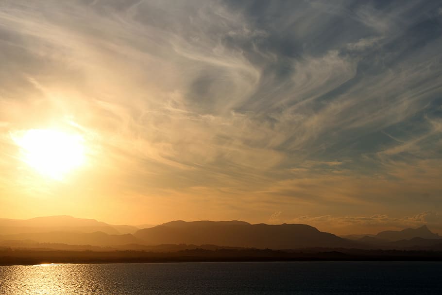 sunset, view, spring clouds, yellow, red, golden, sea, booked HD wallpaper