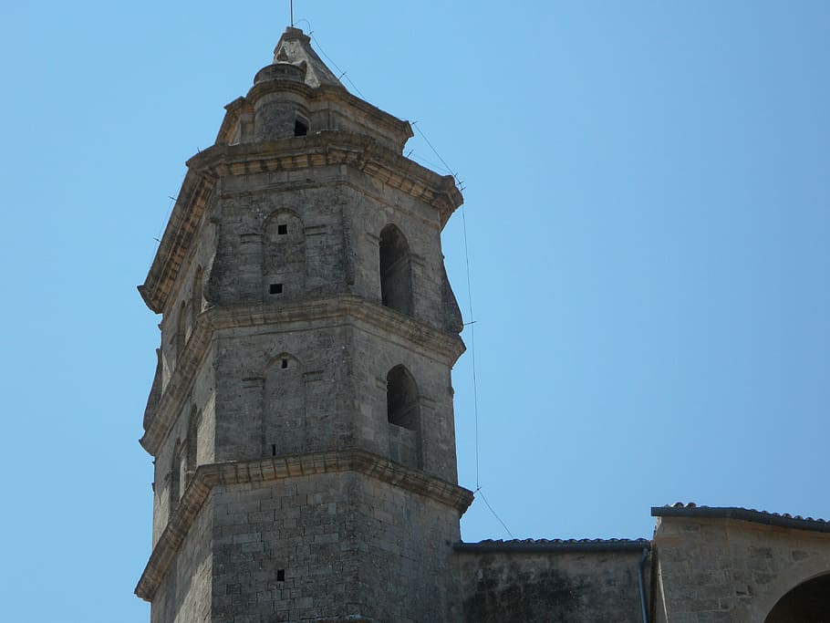tower, sky, steeple, petra, church, mallorca, stone, stony HD wallpaper