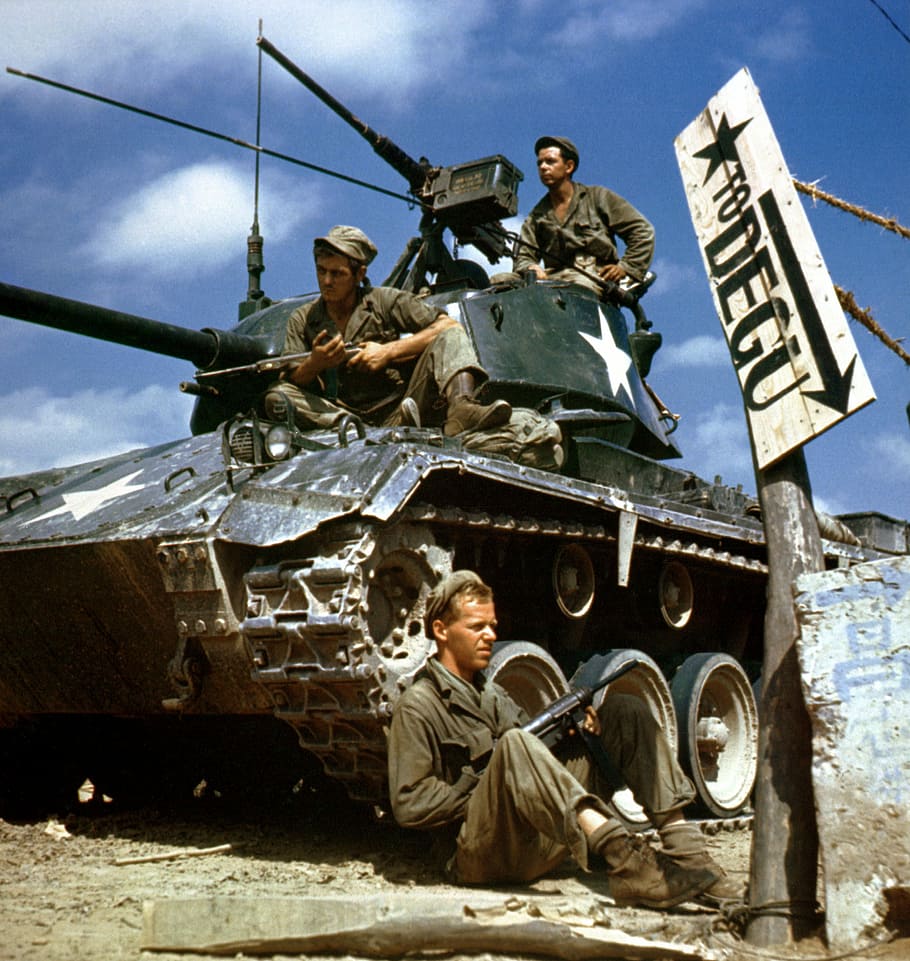 Crew of an M-24 tank along the Nakdong River front, August 1950 during Korean War