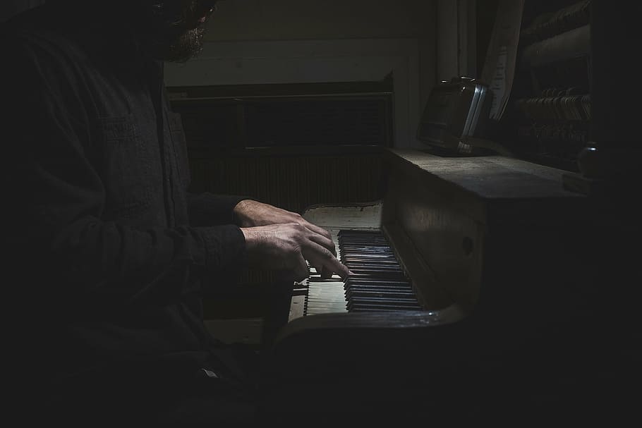 man sitting beside piano, musician, instrument, pianist, piano Key