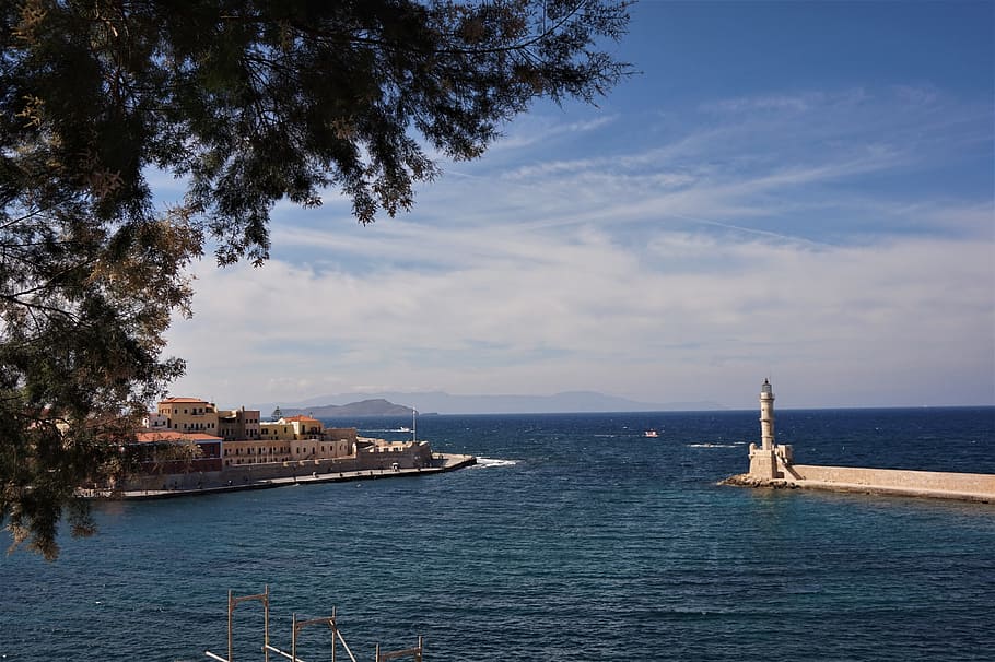 waters, sea, travel, sky, coast, chania, crete, architecture, HD wallpaper