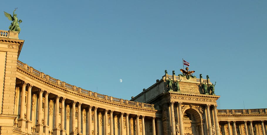 vienna, building, statue, column, architecture, city, flag HD wallpaper