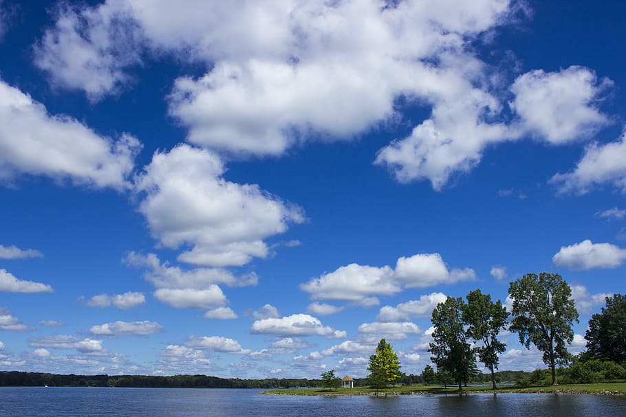 summer, clouds, lake, landscape, scenery, outdoor, blue, sky HD wallpaper
