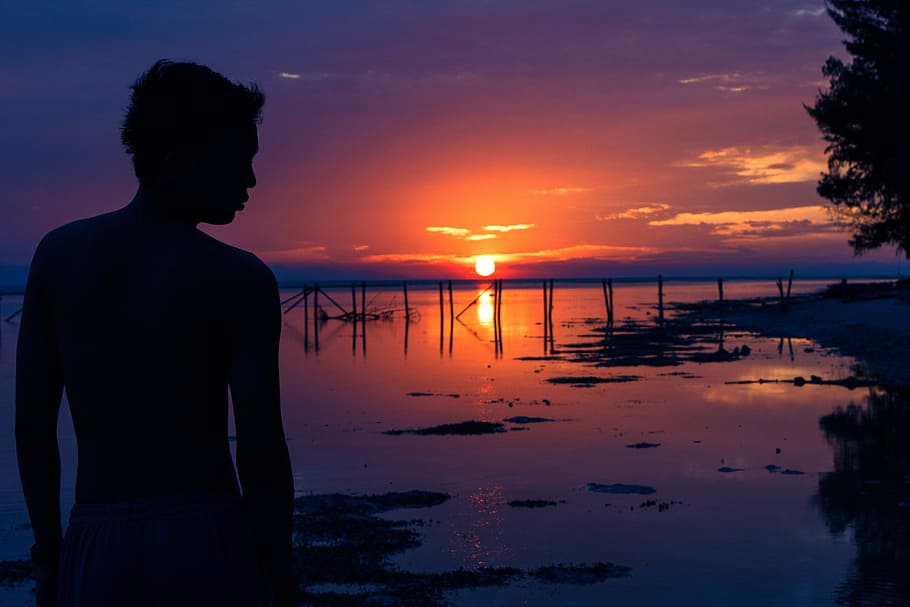 sunset, silhouette, landscape, one person, sea, reflection HD wallpaper
