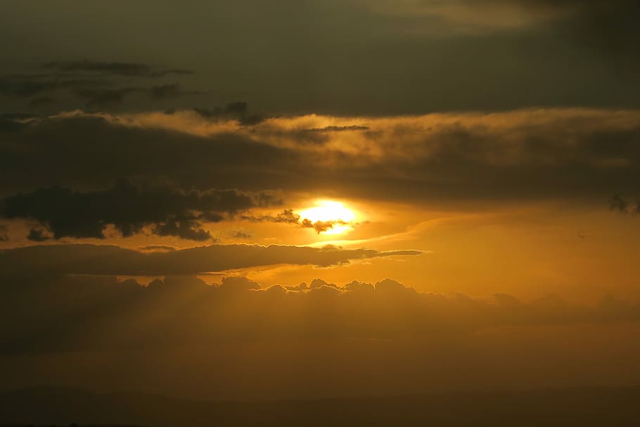 yellow sun covered by clouds, sunset, solar, sky, nature, beauty in nature HD wallpaper