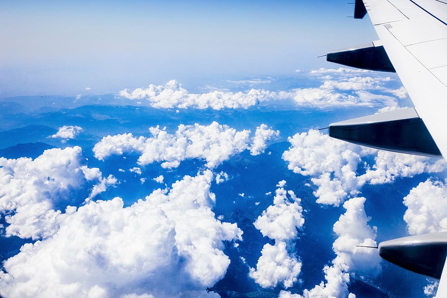 plane, clouds, air, heaven, fly, holiday, view, skies, blue sky HD wallpaper