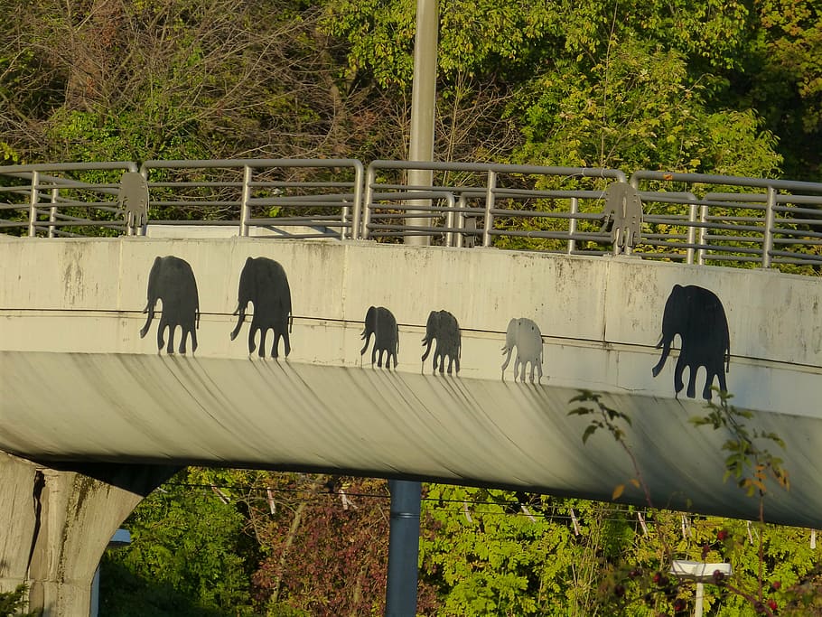 bridge, elephant, painting, drawing, black, animals, mammal, HD wallpaper