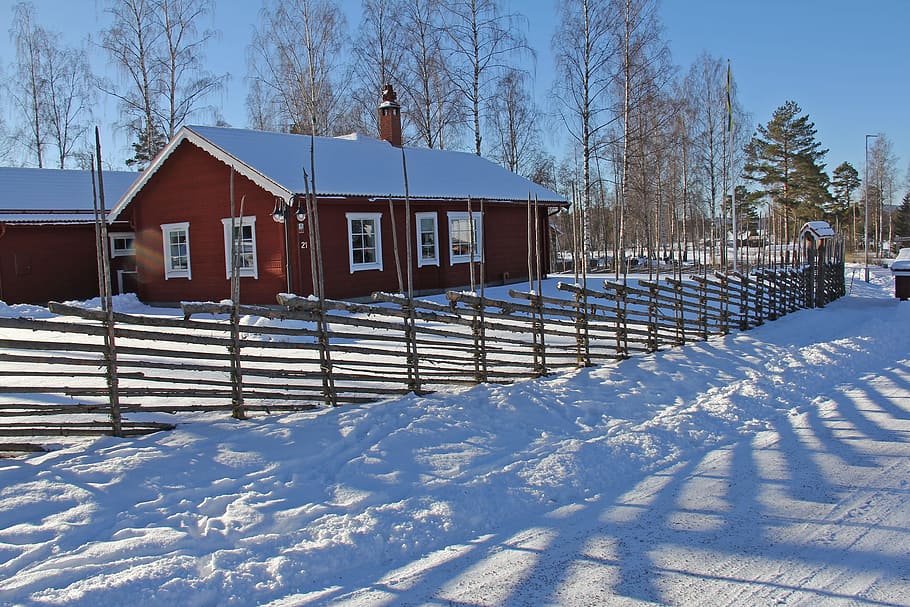 Snow, Winter, Cold, Beautiful, red, traditional, wood, cottage HD wallpaper
