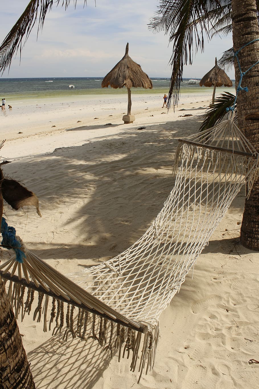 Hammock, Beach, Sea, sand, tropical climate, thatched roof HD wallpaper