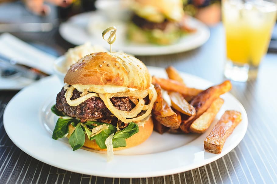 burger and fries on white ceramic plate, hamburger, platter HD wallpaper