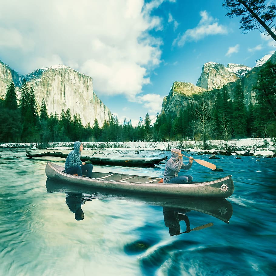Canoe, River, Paddle, Mountains, Forest, water, nature, sky HD wallpaper