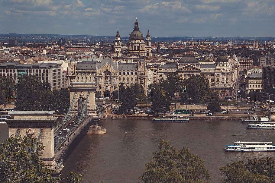 white boat across under bridge, budapest, river, europe, architecture HD wallpaper