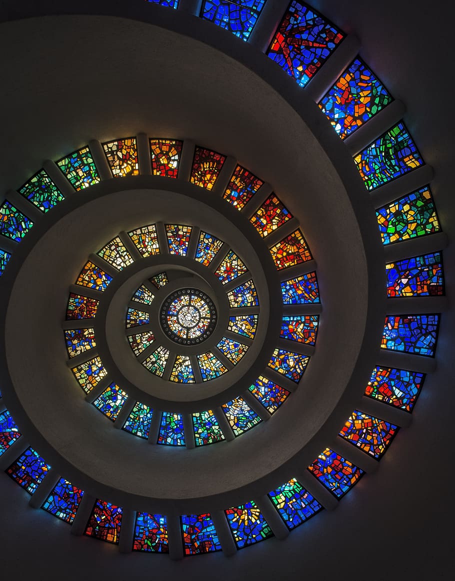 bottom-view of spiral ceiling with stain glass windows, mosaic, HD wallpaper