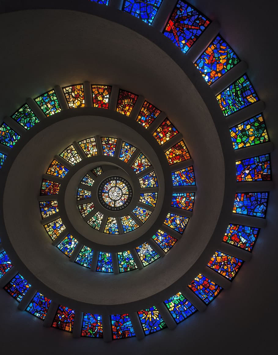 bottom-view of spiral ceiling with stain glass windows, mosaic HD wallpaper