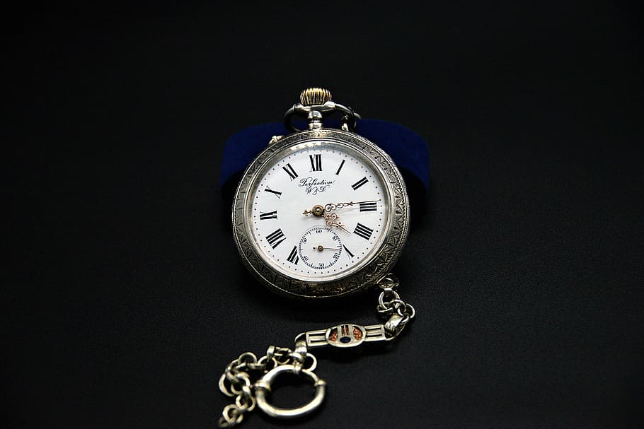 silver-colored pocket watch displaying 4:16 time, old, dial, fob