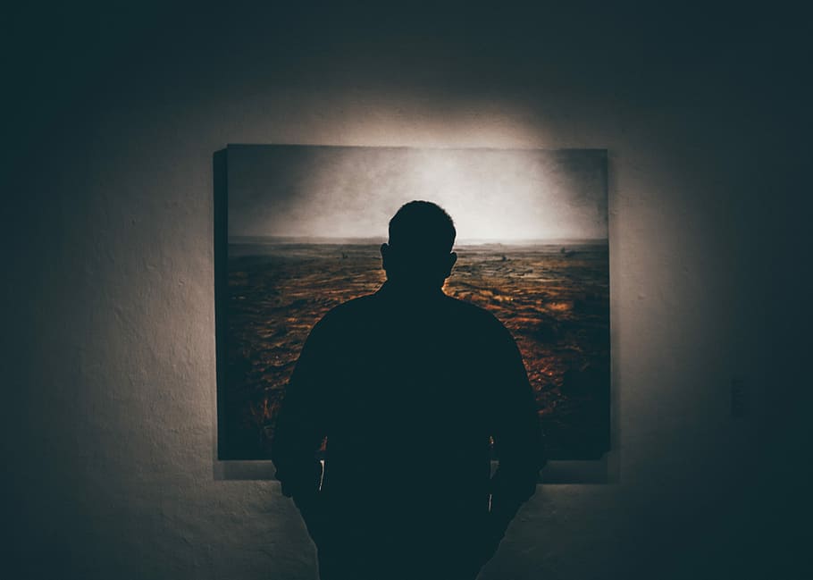 silhouette of man standing in front of painting hanged on wall, man standing in front painting, HD wallpaper