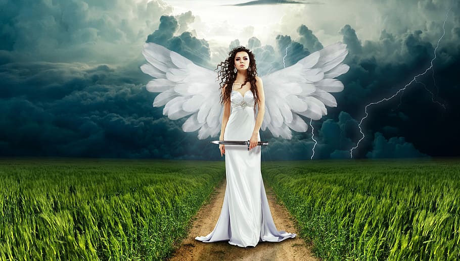 Female Angel with white wings and knife, angelic, clouds, photos, HD wallpaper