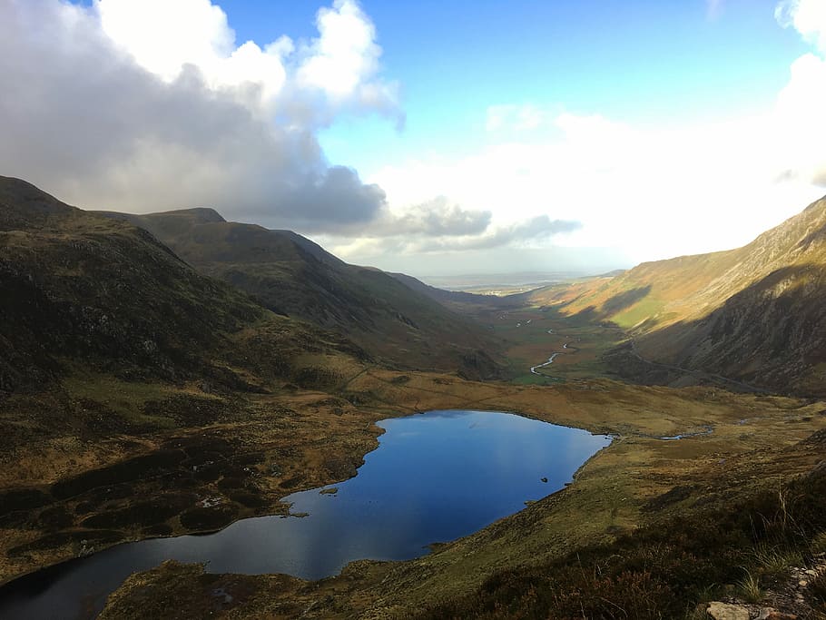 Half way to Glyder Fawr - North Wales, top view of body of water in between mountain under blue sky HD wallpaper