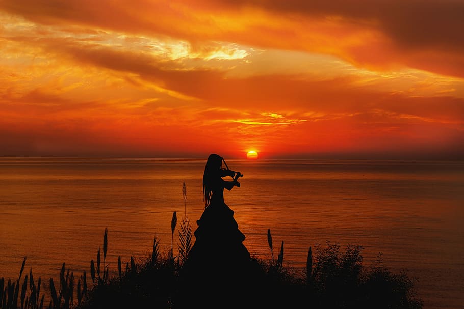 woman playing violin beside water, mati, the sun, west, sky, clouds