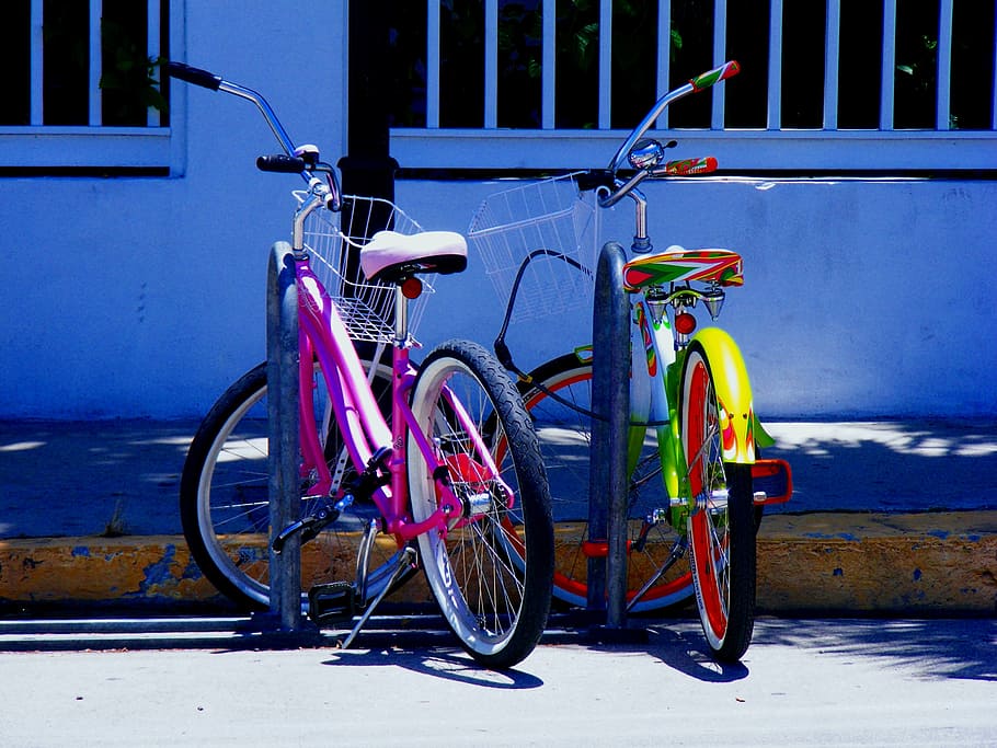 two green and purple bike near wall, bikes, bicycles, wheels HD wallpaper