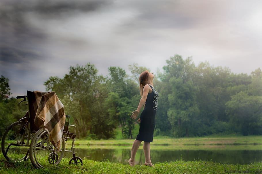 woman standing beside wheelchair, nature, lake, beach, girl, motion, HD wallpaper