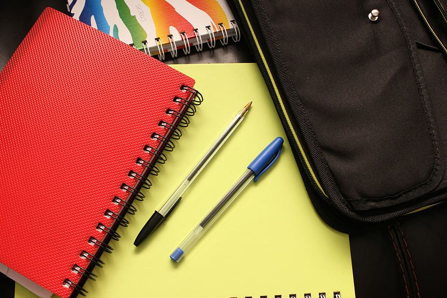 School books and binders, various, bag, pen, pens, business, notebook
