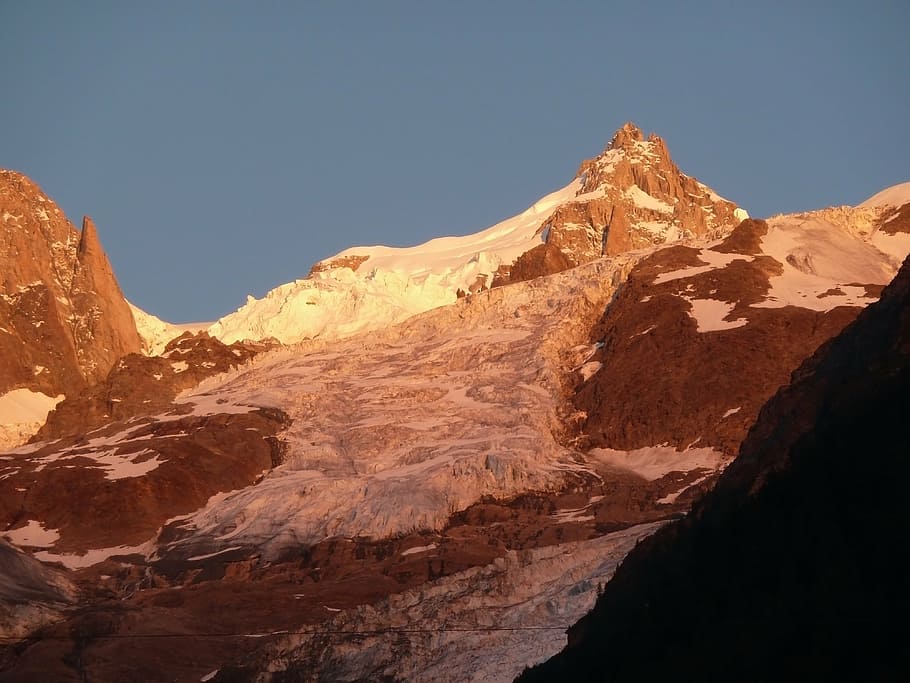 sunset, mountain, glacier, ice, snow, brown, orange, evening HD wallpaper