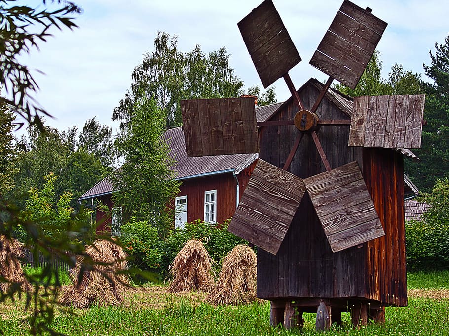 windmill, harvest, corn, house, wooden, wings, fan, old windmill HD wallpaper