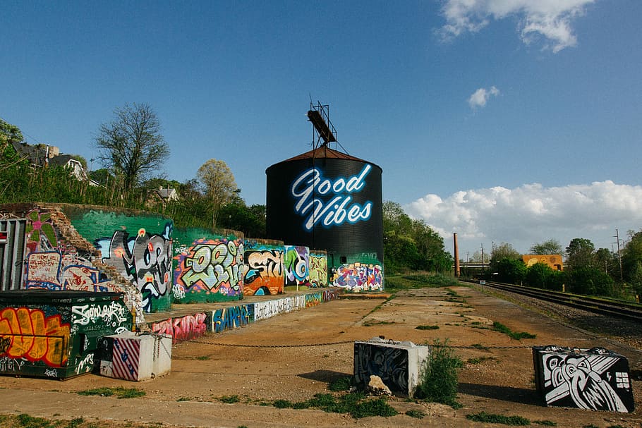 Good Vibes, multicolored graffiti-printed tanks, tower, silo, HD wallpaper