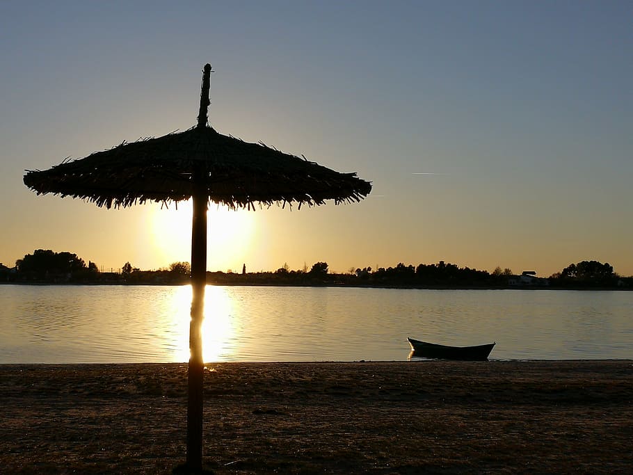 sun, sunshade, sunset, landscape, summer, nature, heat, water HD wallpaper