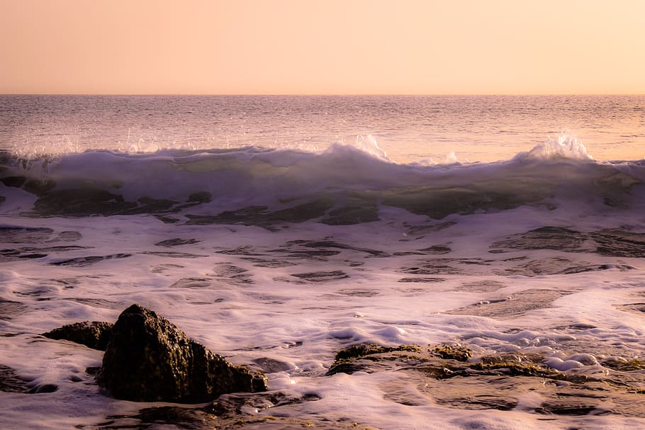 time-lapse photography of seawave, beach, spray, nature, foam HD wallpaper