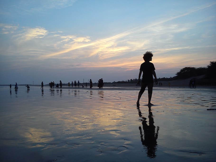 sunset, sunrise, beach, siluets, horizon, people, sky, water HD wallpaper