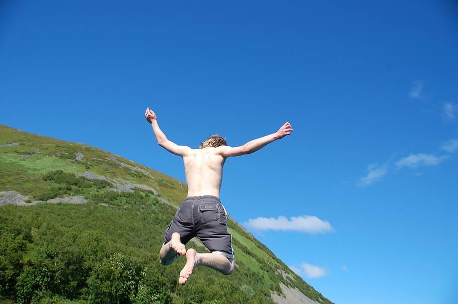 boy, summer, bathing, jump, sky, blue, green, mountain, landscape HD wallpaper