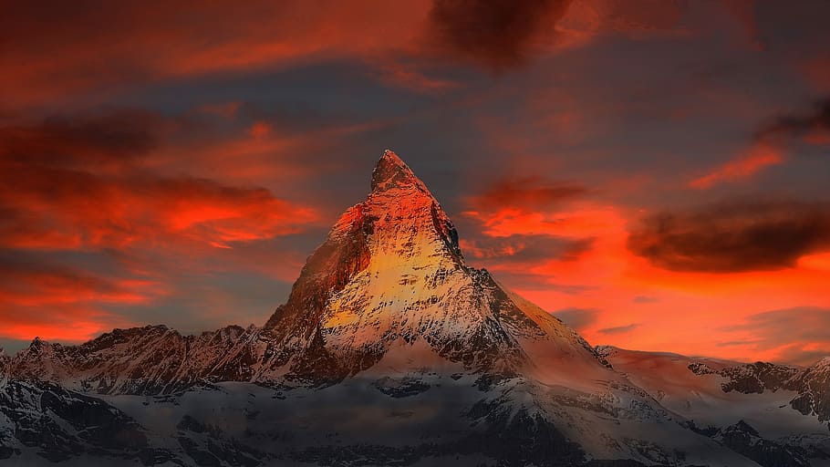 Beautiful Red Sky Matterhorn in Switzerland, 