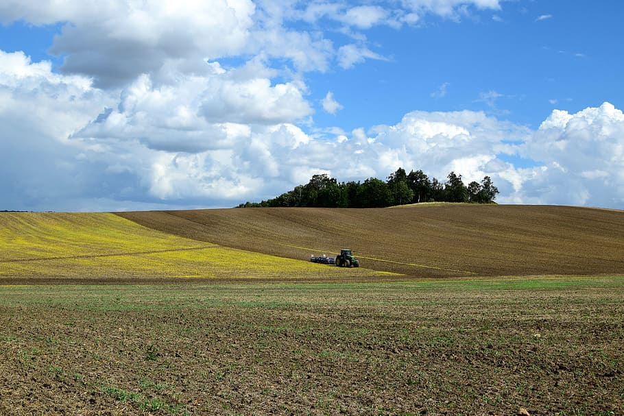 green tractor on green fields, arable, landscape, nature, agriculture HD wallpaper