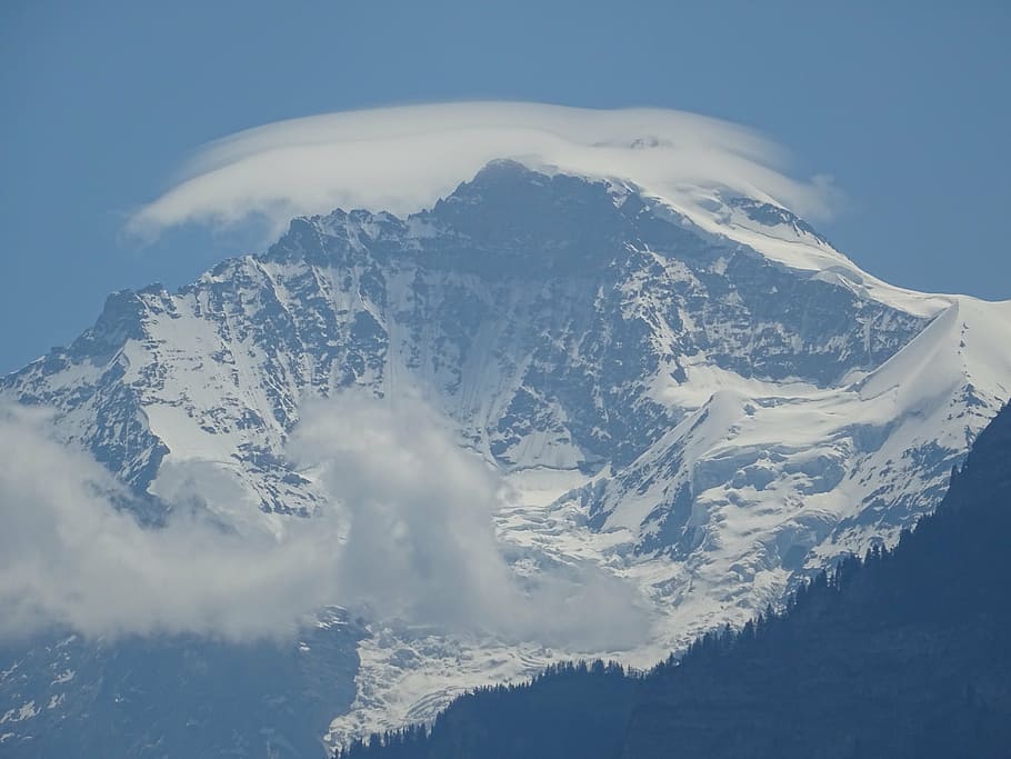 summit, clouds, fog, cloudy, rock, snow, alpine, switzerland HD wallpaper
