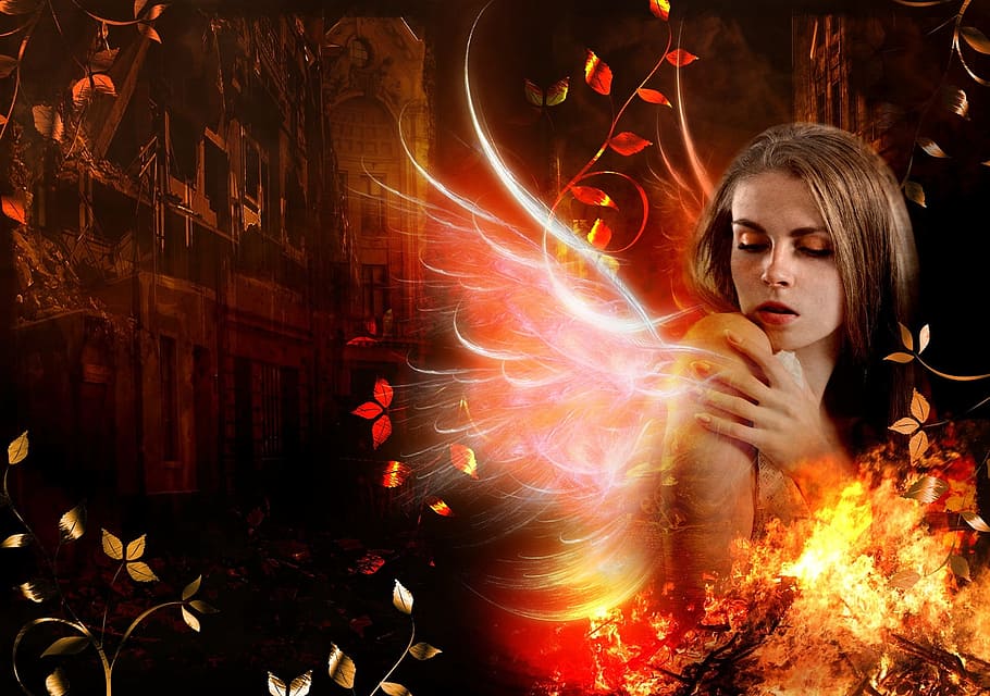 woman with flaming wings edited digital wallpaper, fire, hot HD wallpaper
