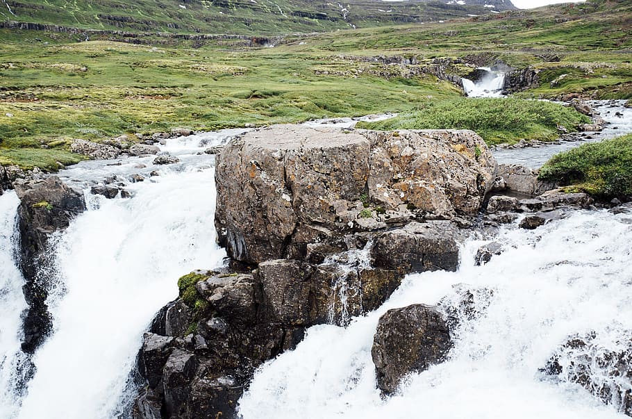 waterfalls and rock boulder, stream, rocks, grass, fields, valleys HD wallpaper