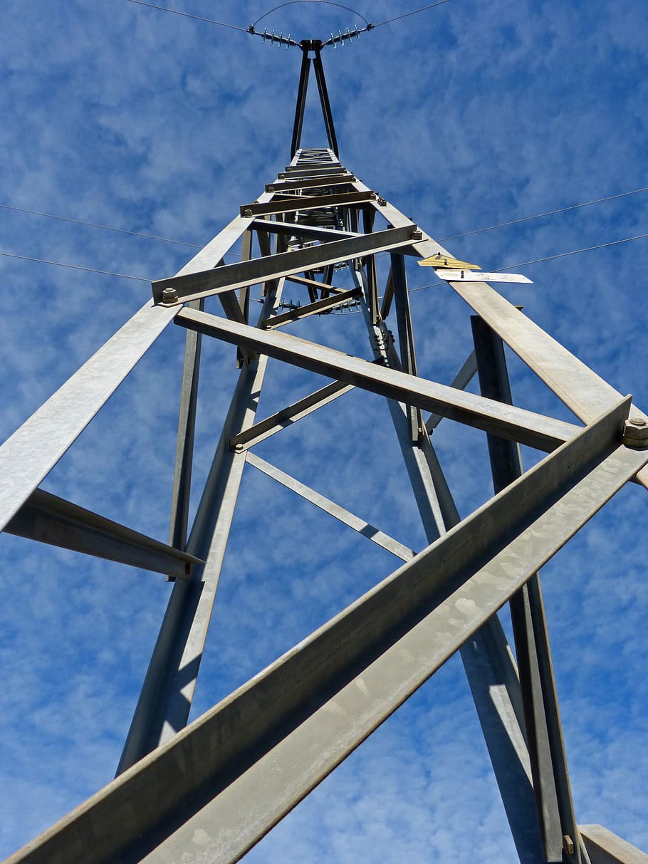 electrical tower, power line, perspective, sky, low angle view HD wallpaper