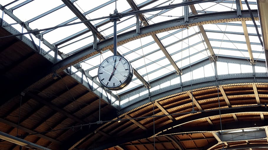 architecture, ceiling, clock, daylight, glass, indoors, low angle shot HD wallpaper