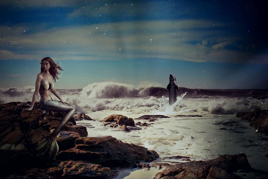 mermaid sitting on rocks near body of water, Fairy Tales, Fantasy