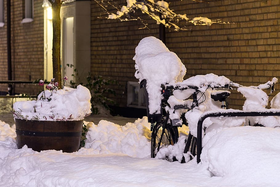 snow covered black bicycle, cold, bike, winter, ice, outdoor HD wallpaper