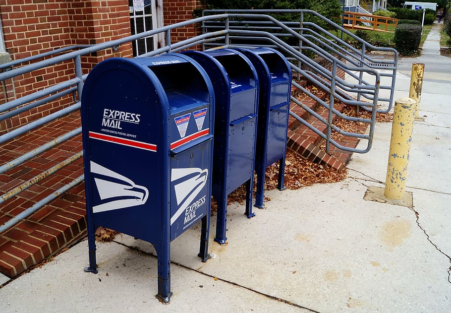 three blue metal garbage bins near grey metal rail, mailboxes HD wallpaper