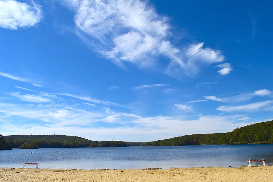 lake, park, bench, landscape, clouds, sky, outdoor, nature HD wallpaper