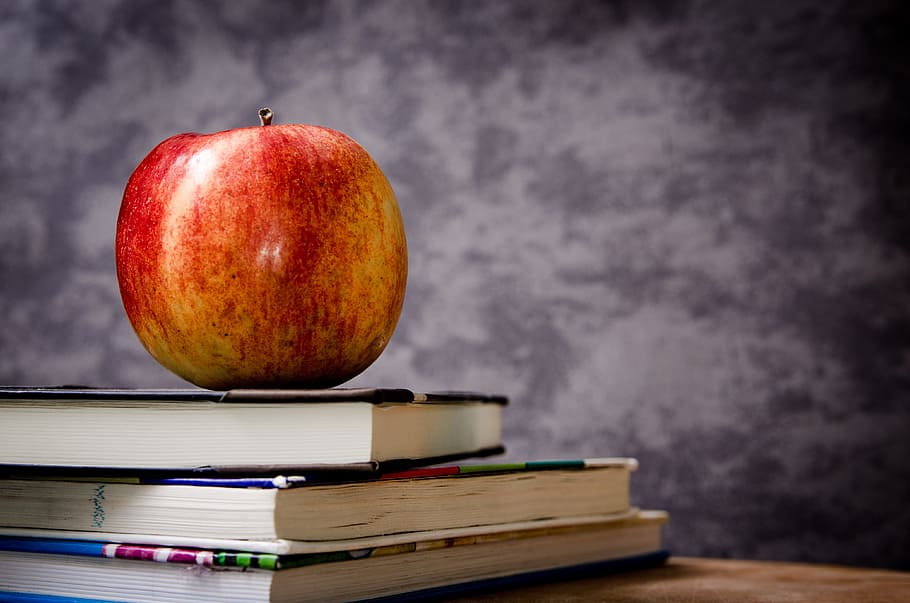 red apple on top of three books, education, school, knowledge, HD wallpaper
