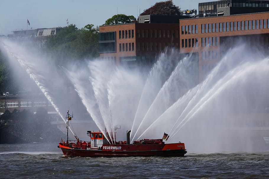 fireboat, fire ship, water fountains, port, nautical vessel, HD wallpaper