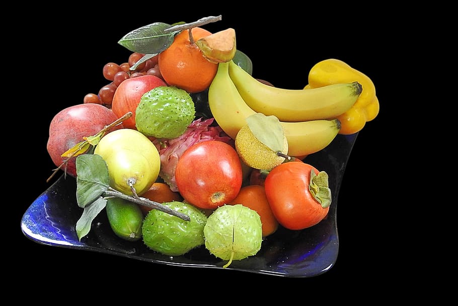 fruit bowl, deco, artificial, decoration, food, black background HD wallpaper